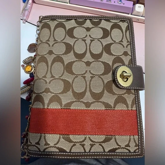 Coach Brown Sig Turnlock Planner Agenda Notebook Cover with Red Stripe and Charm - Picture 8 of 8